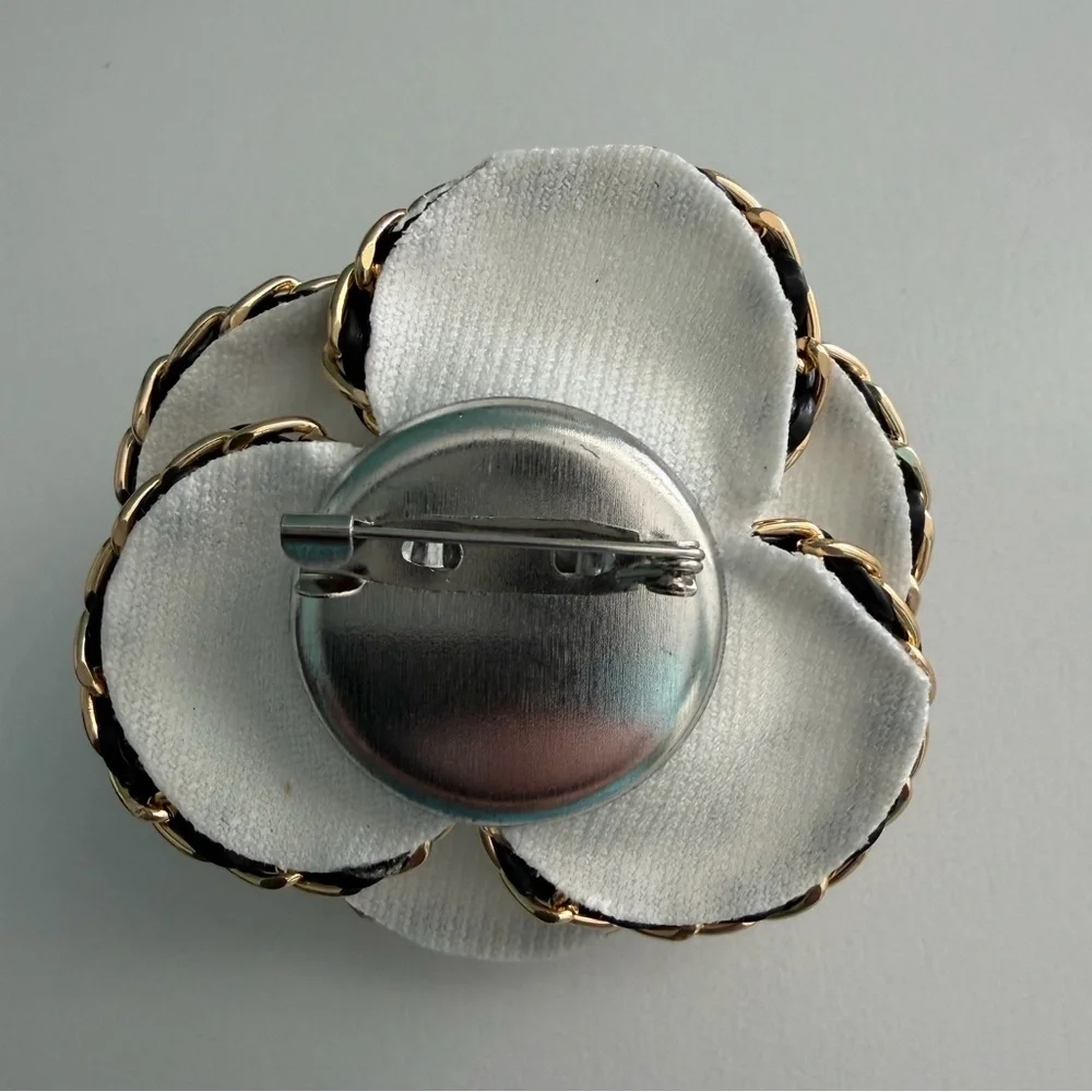 Faux Pearl Camellia Flower Brooch with Black and Gold Trim